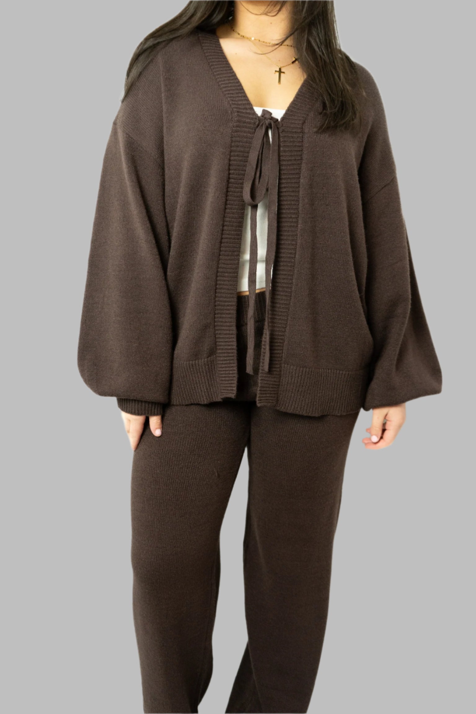 BROWN TIE CARDIGAN TOP SET