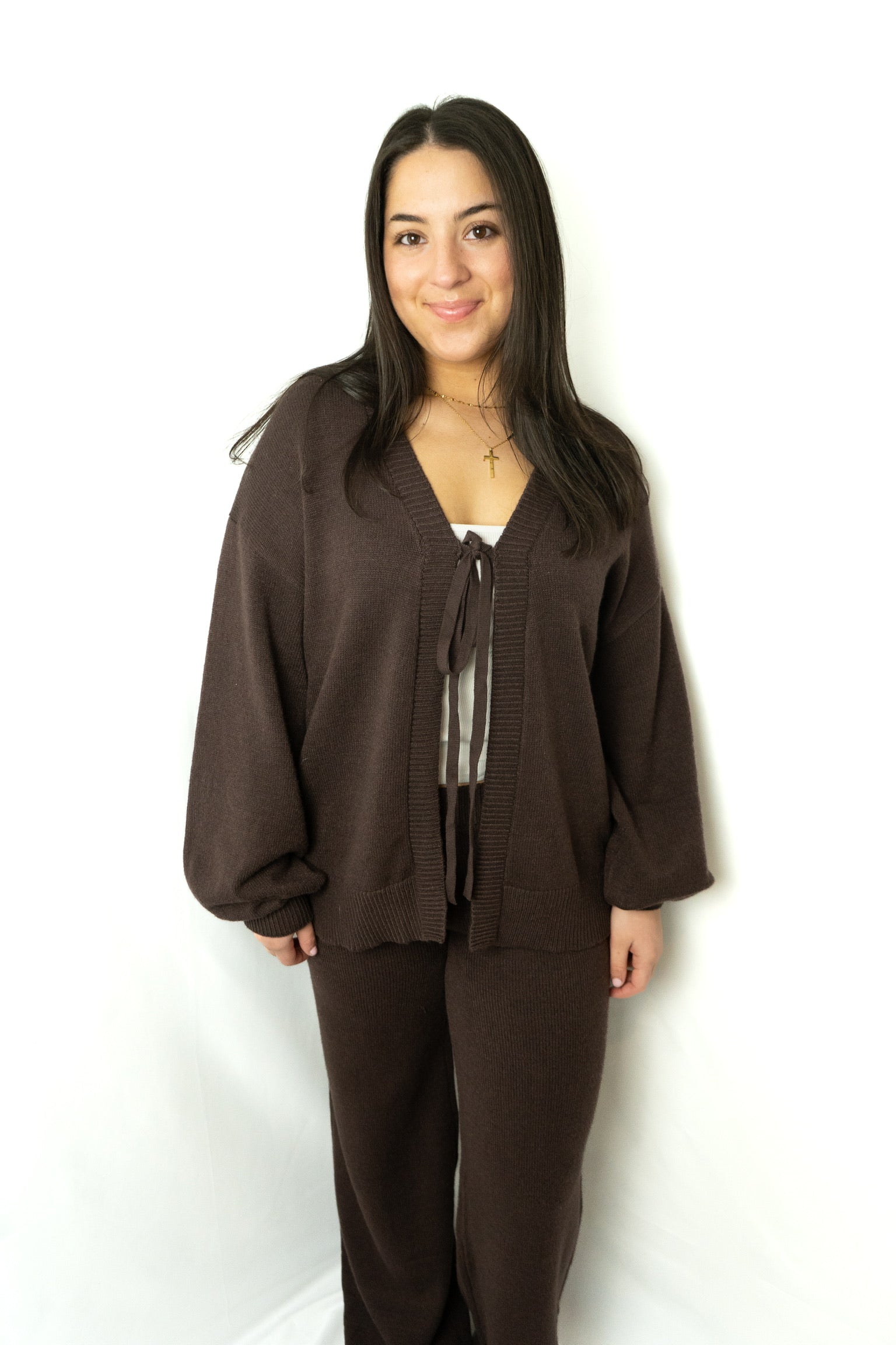 BROWN TIE CARDIGAN TOP SET